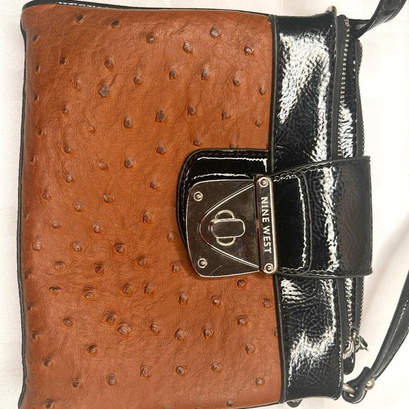 Nine West Brown & Black Crossbody Bag – Faux Ostrich Leather (Early 2000s) - Picture 1 of 11
